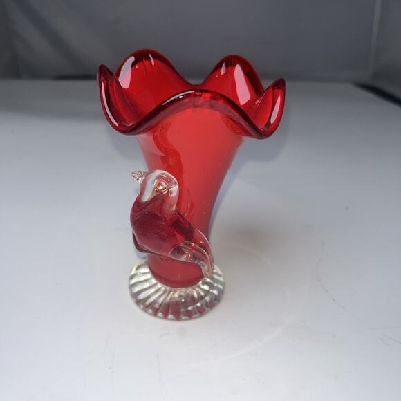 Unmarked Other - Vintage Blown Art Glass Vase Ruffled Edge w/ Applied Glass Bird 4.5" Murano
